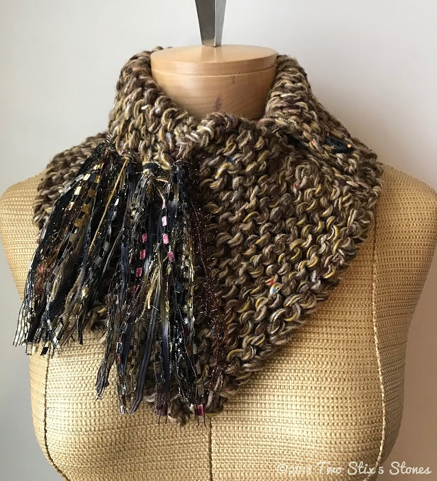 Mocha Tweed Shawlette w/Fringe & Ceramic Button