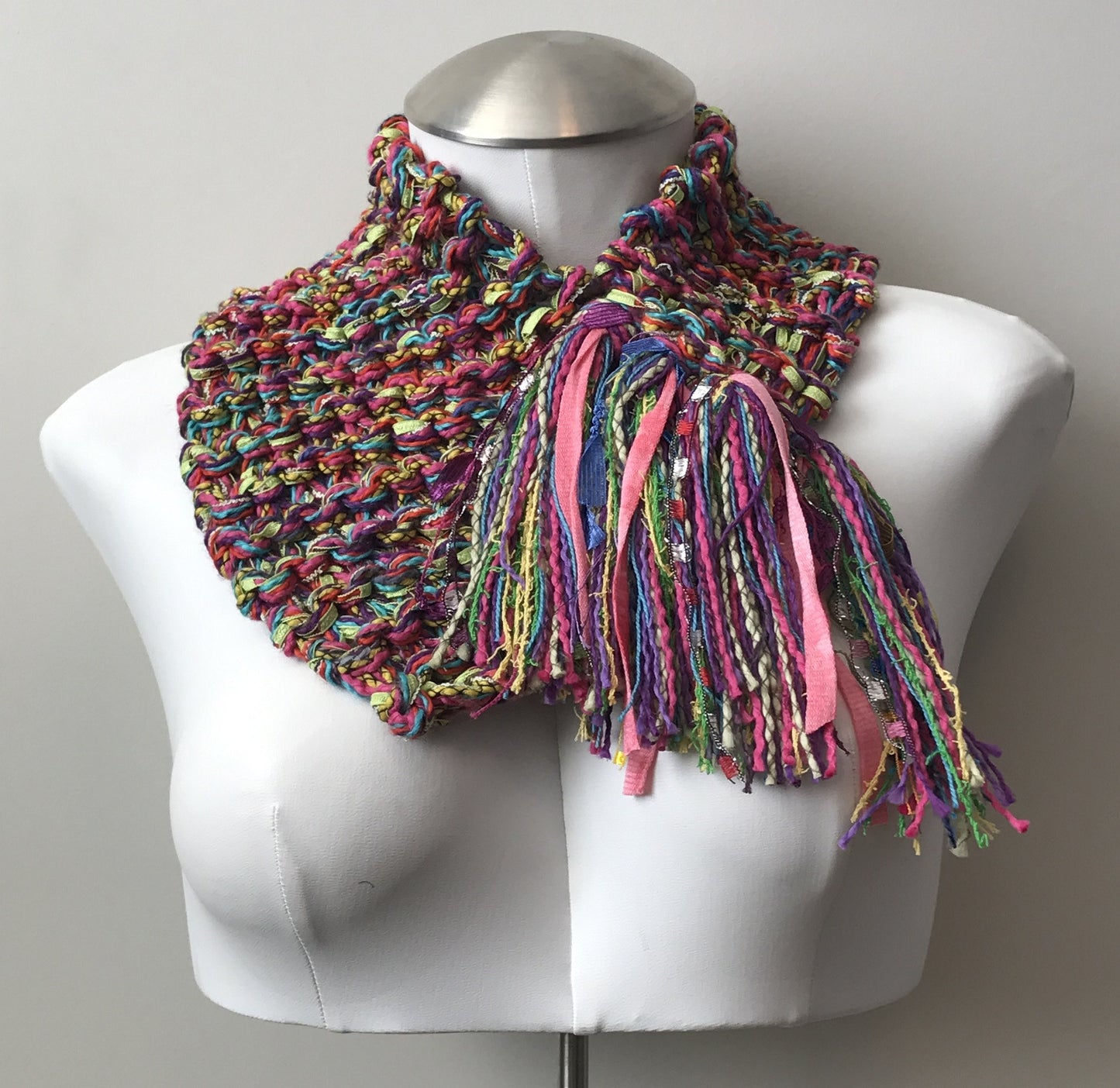 Bright Pink & Green Tweed Shawlette w/Fringe (SL703)