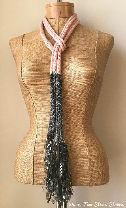 Pink & Black/White Tweed Skinny Scarf w/Fringe