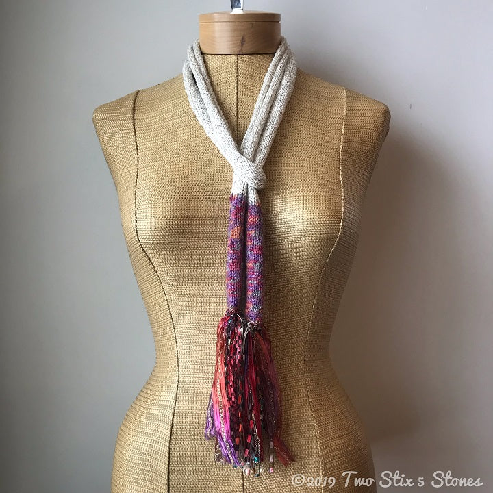 Ivory w/Orange Metallic Accents Skinny Scarf w/Fringe