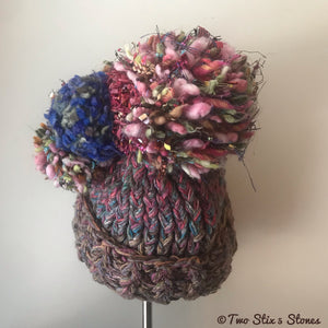 Two Stix *Funky Chic Pom Pom* Luxe Tan/Blue/Pink Hat
