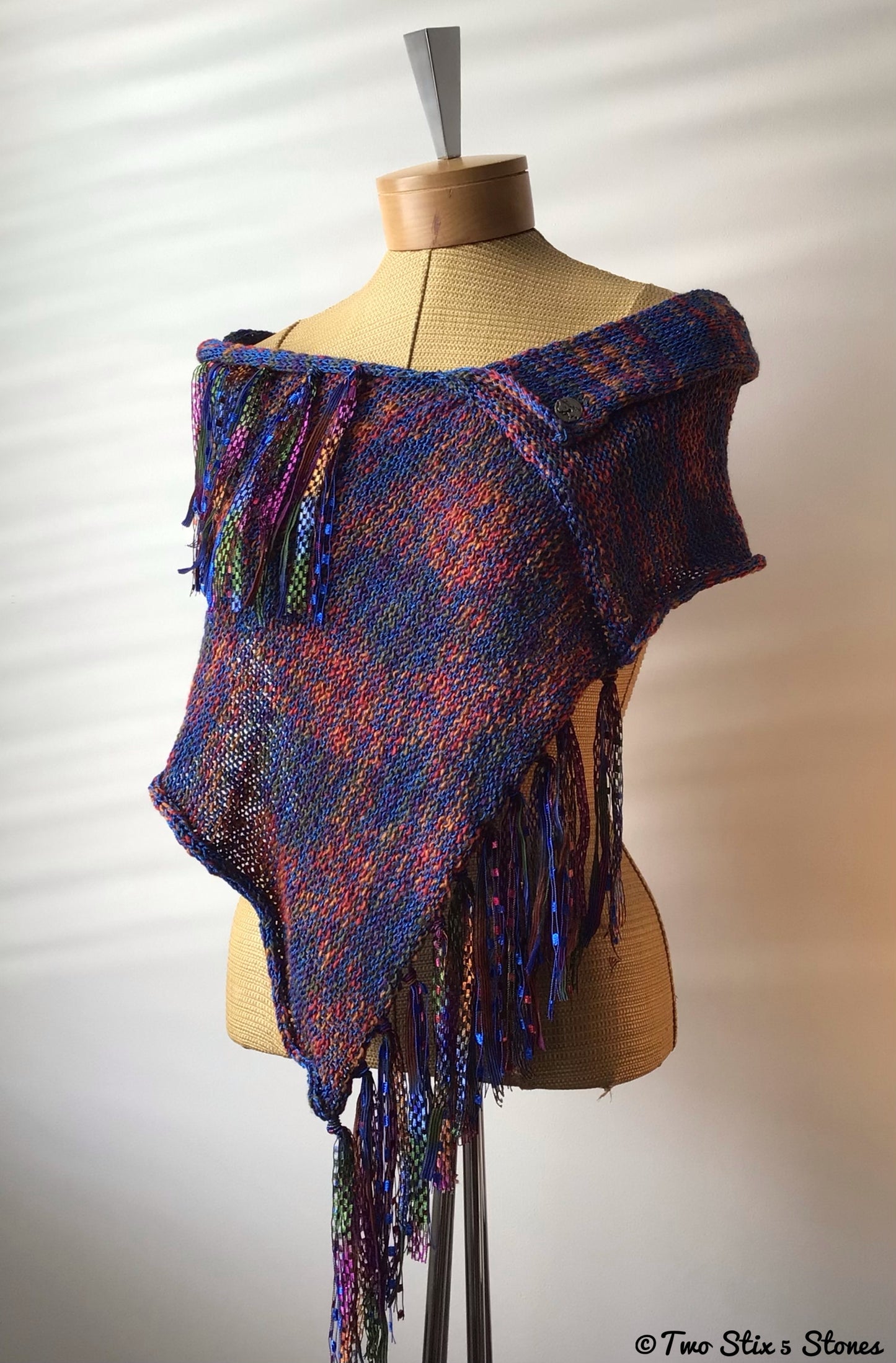 Blue Tweed Knit Shawl w/Fringe