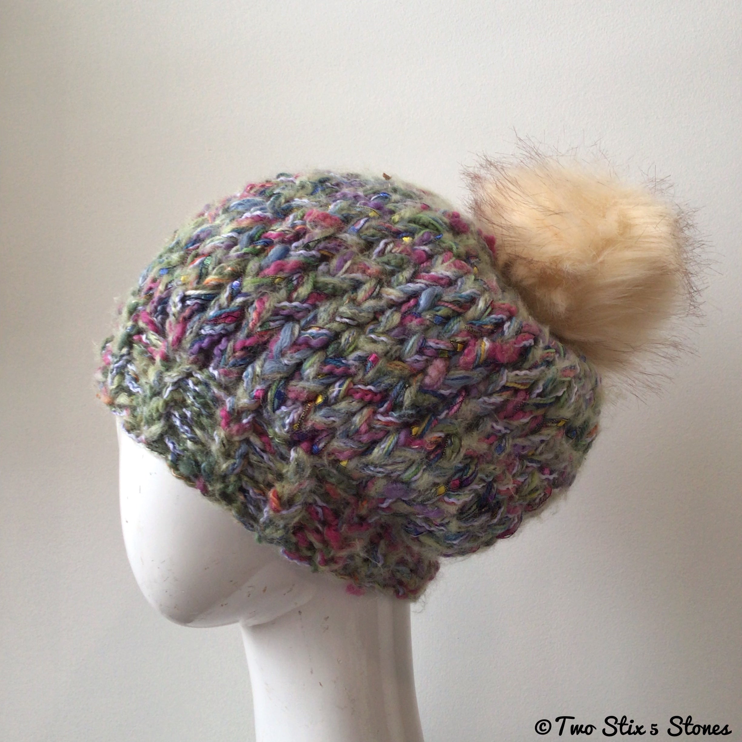 Pastel Tweed Knit Hat w/Faux Fur Pom Pom