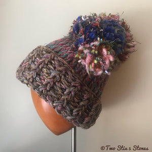 Two Stix *Funky Chic Pom Pom* Luxe Tan/Blue/Pink Hat