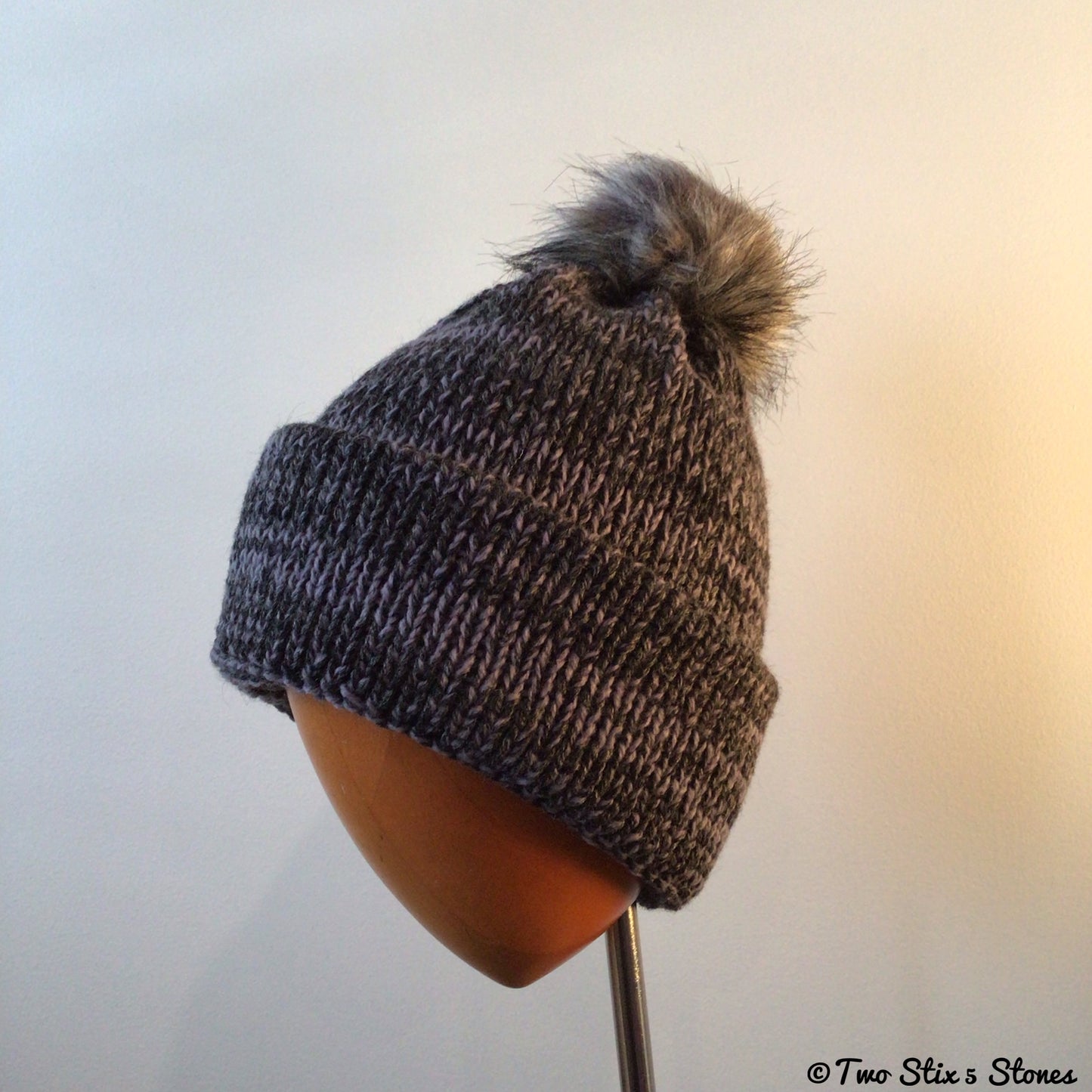 Grey Tweed Knit Faux Fur Pom Pom Hat