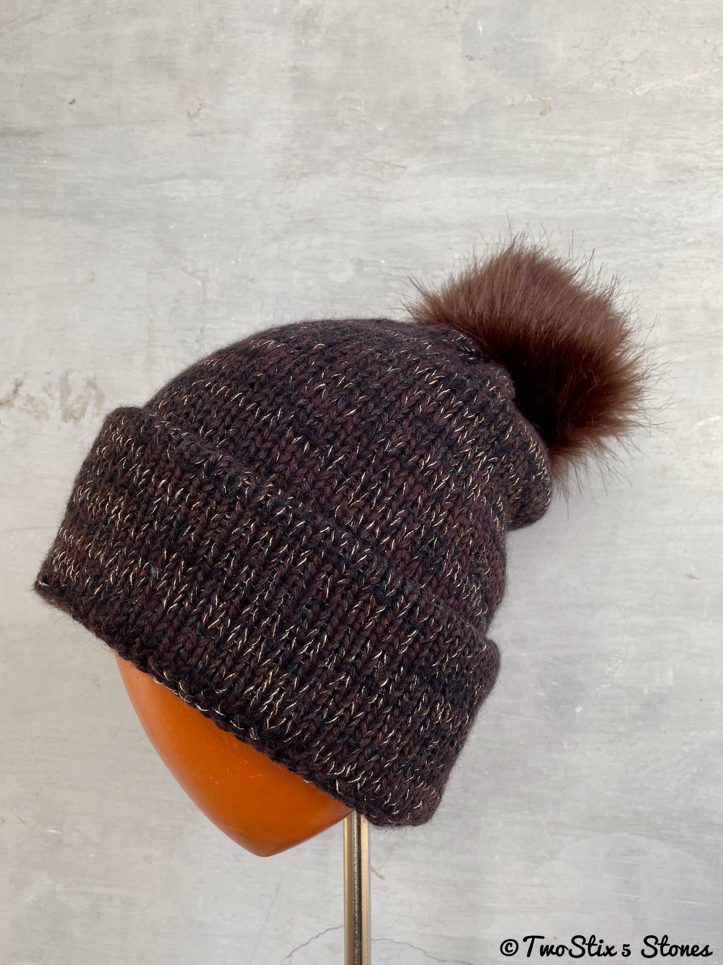 Luxe Chocolate Tweed Beanie/Slouchy Beanie w/Faux Fur Pom Pom