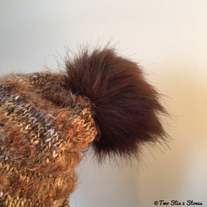 Luxe Brown Tweed Beanie/Slouchy Beanie w/Faux Fur Pom Pom