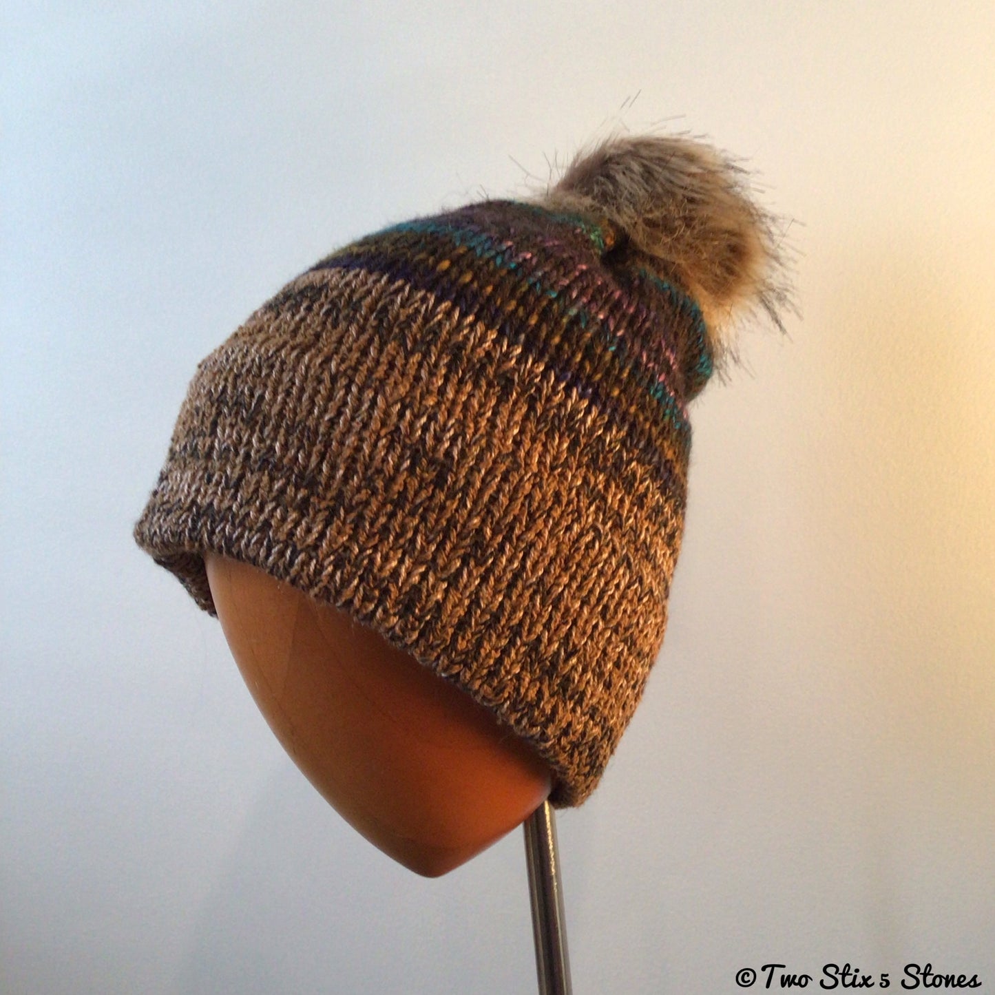 Brown Tweed Knit Beanie w/Faux Fur Pom Pom