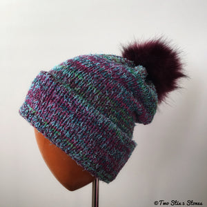 Turquoise & Fuchsia Tweed Beanie/Slouchy Beanie w/Faux Fur Pom Pom