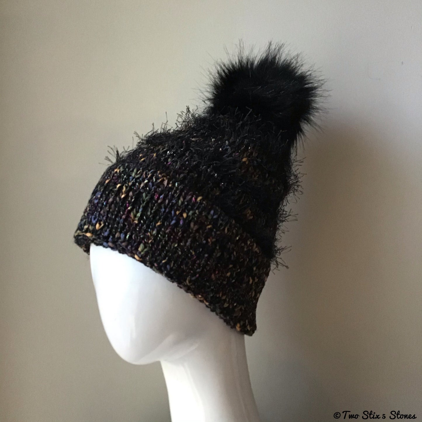 Luxe Black *Funky Tweeds* Beanie/Slouchy Beanie w/Pom Pom