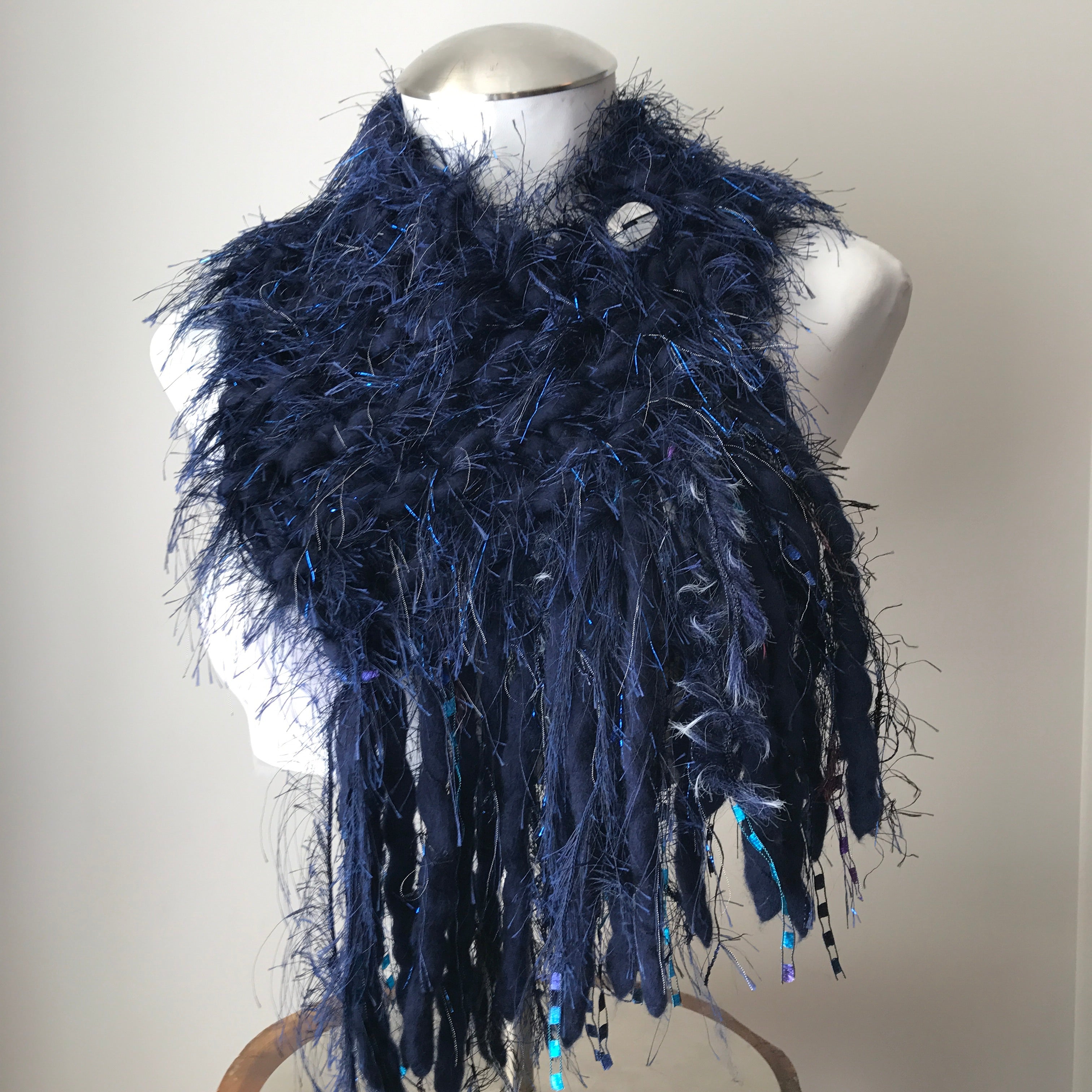 Navy Blue Metallic Tweed Shawlette w/Fringe, (SL702)