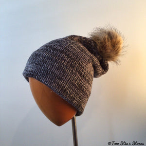 Grey Tweed Knit Slouchy Beanie w/Faux Fur Pom Pom