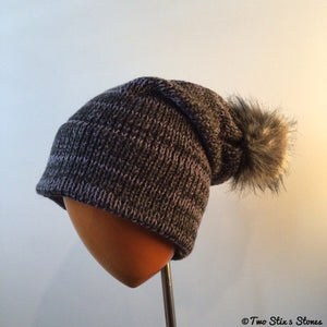 Grey Tweed Knit Faux Fur Pom Pom Hat