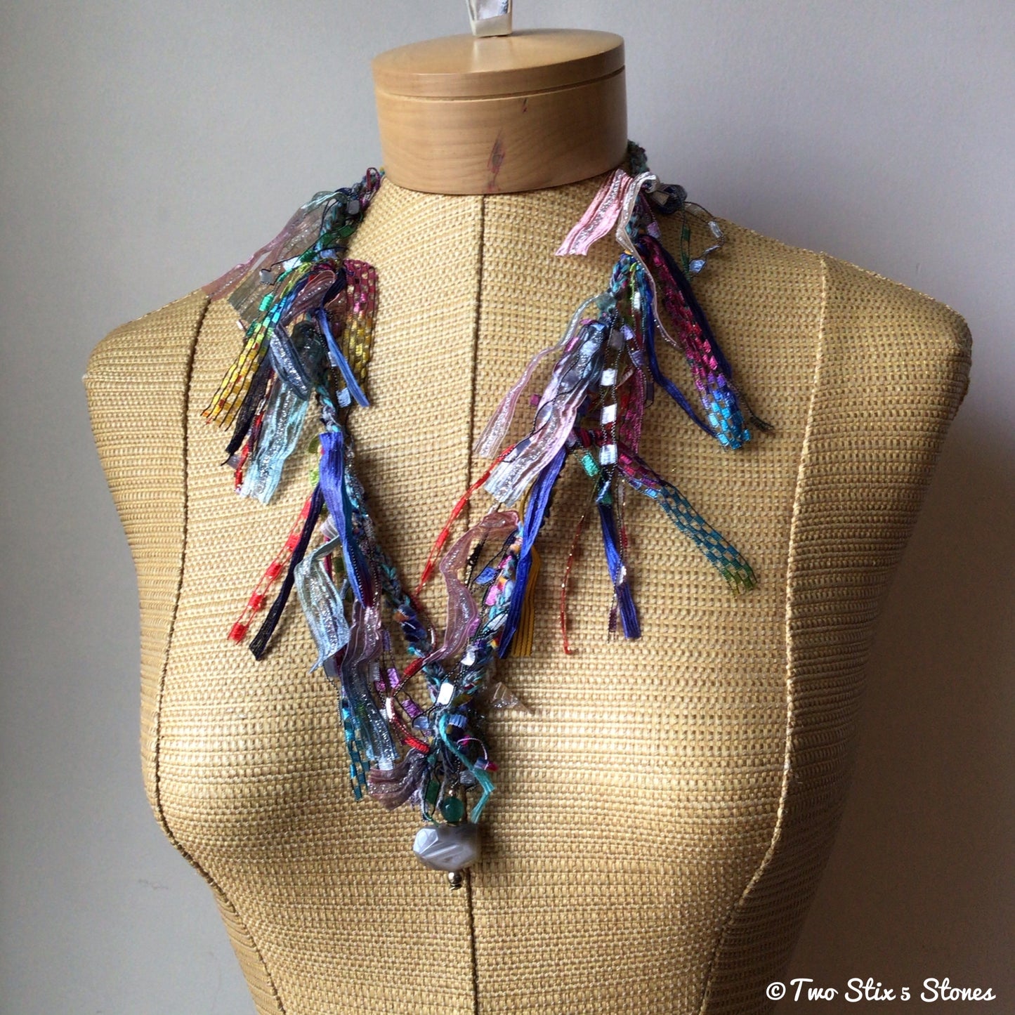 Turquoise Tweed Fiber Necklace w/Semi-Precious Stones