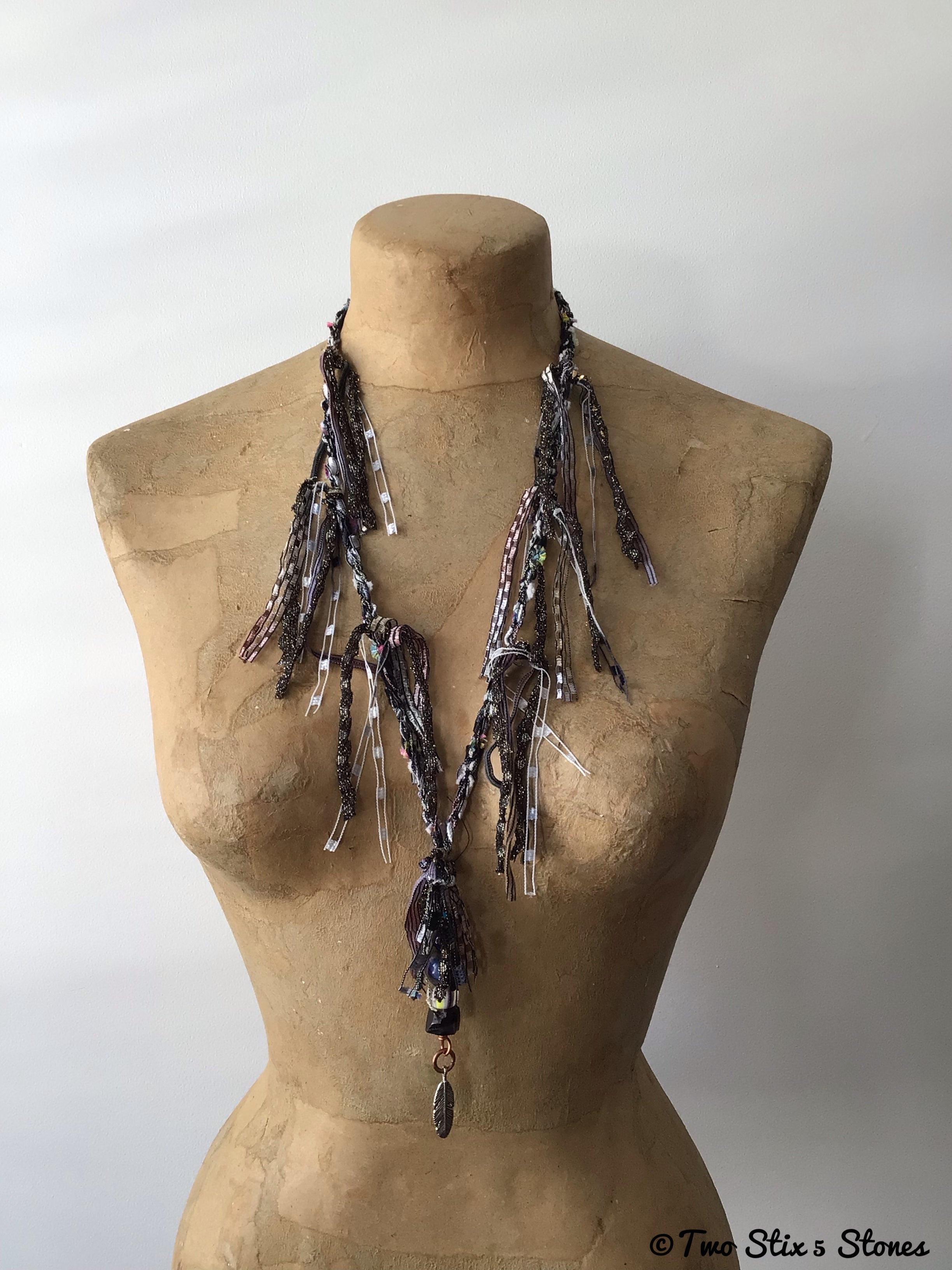 Fiber Necklace w/Semi-Precious Stones & Handmade Glass