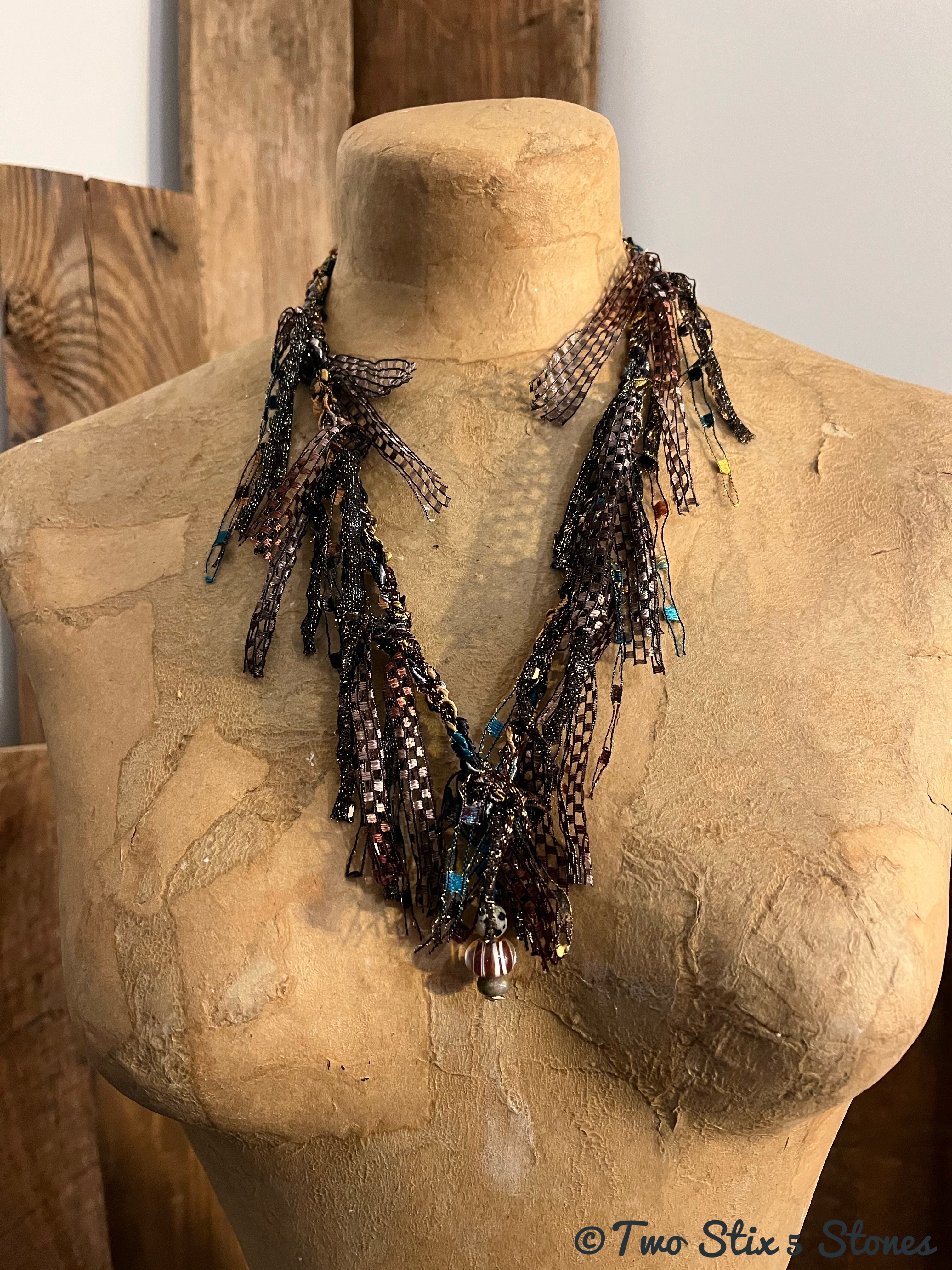 Fiber Necklace w/Semi-Precious Stones & Handmade Glass Bead