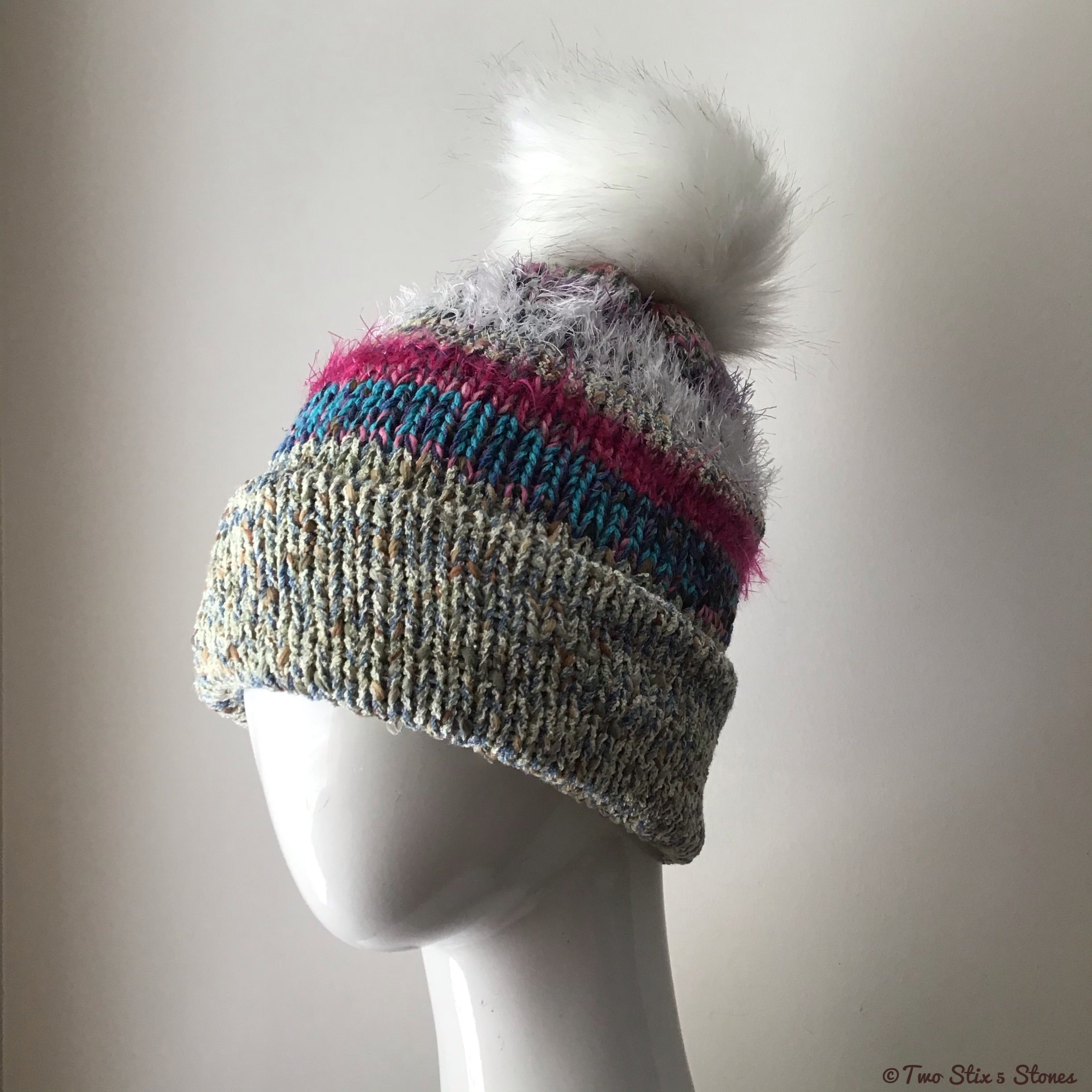 Luxe Green/Blue/Red/White *Funky Tweeds* Faux Fur Knit Beanie/Slouchy Beanie