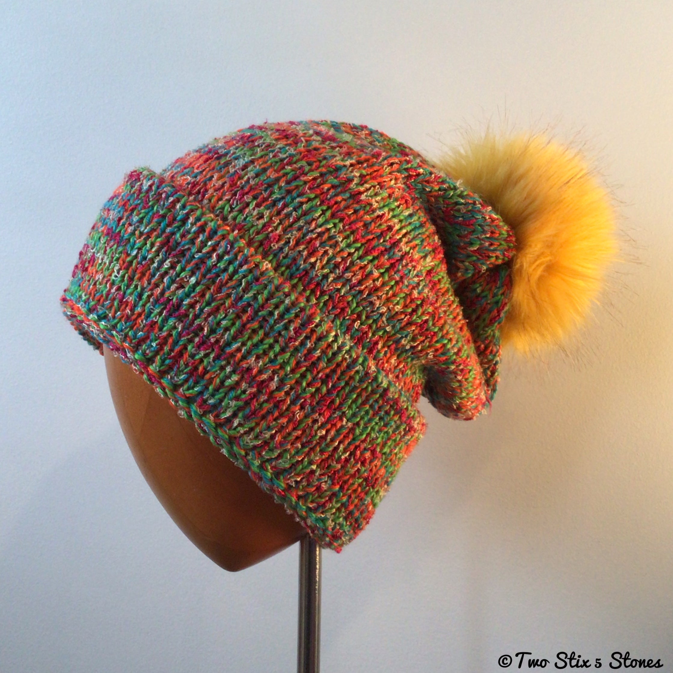 Electric Tweed Knit Faux Fur Pom Pom Hat