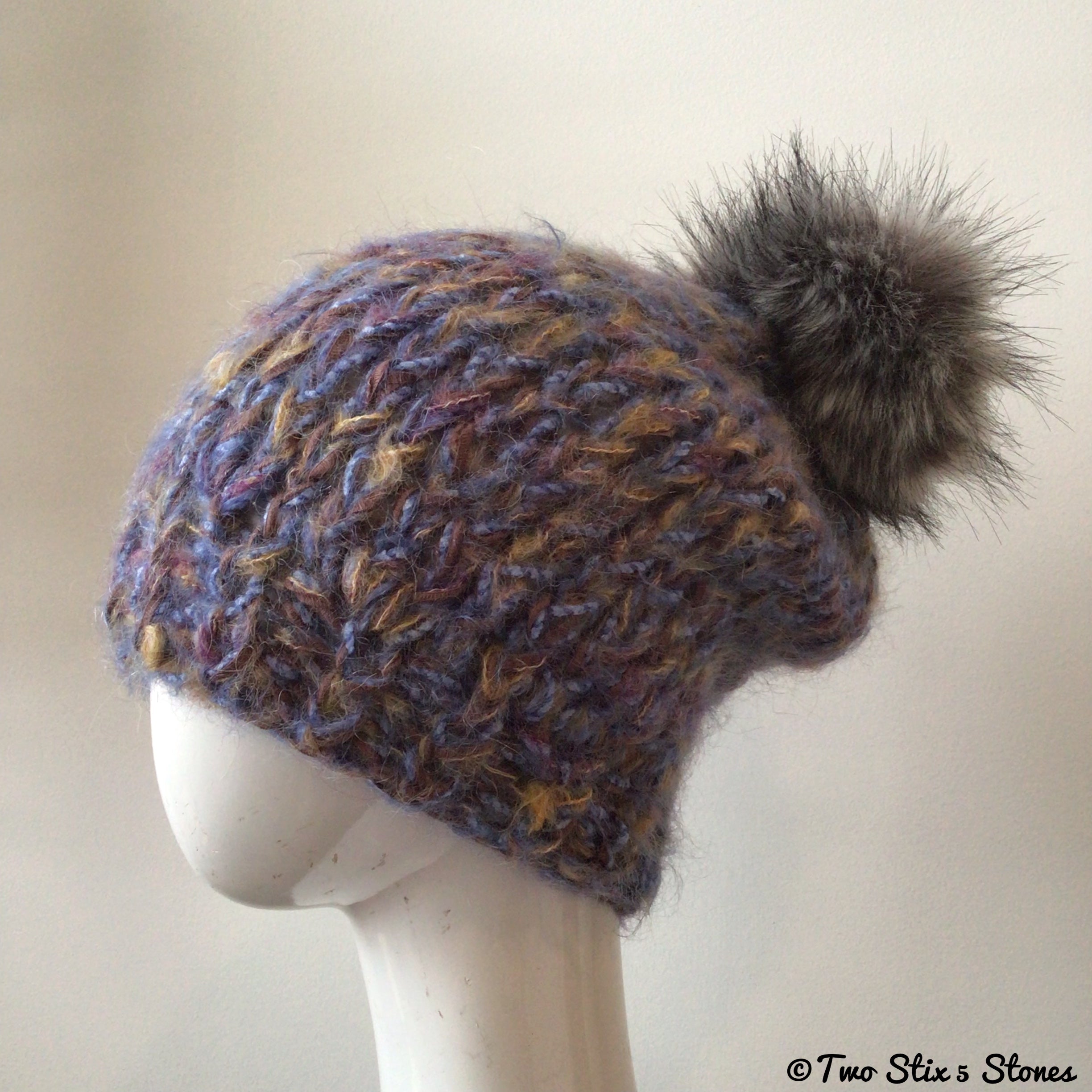 Blue & Tan Tweed Knit Hat w/Pom Pom
