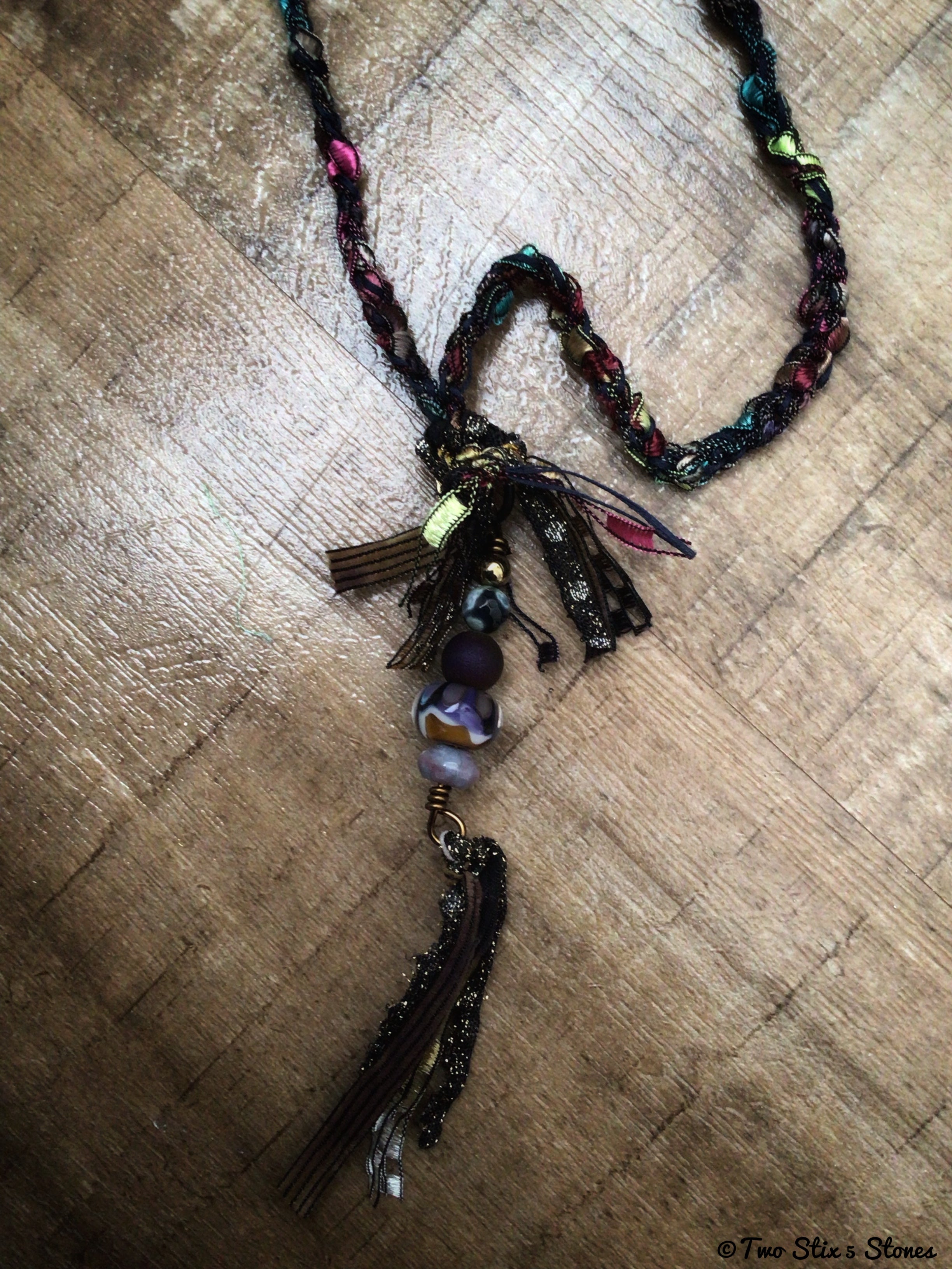 Fiber Necklace w/Semi-Precious Stones & Handmade Glass Bead