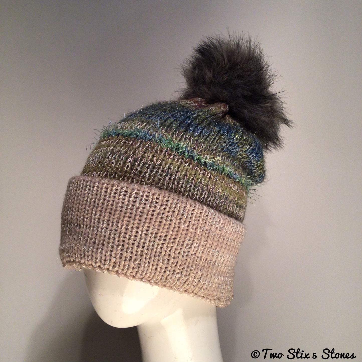 Variegated Tweed Beanie/Slouchy Beanie w/Faux Fur Pom Pom
