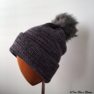 Grey Tweed Beanie/Slouchy Beanie w/Faux Fur Pom Pom