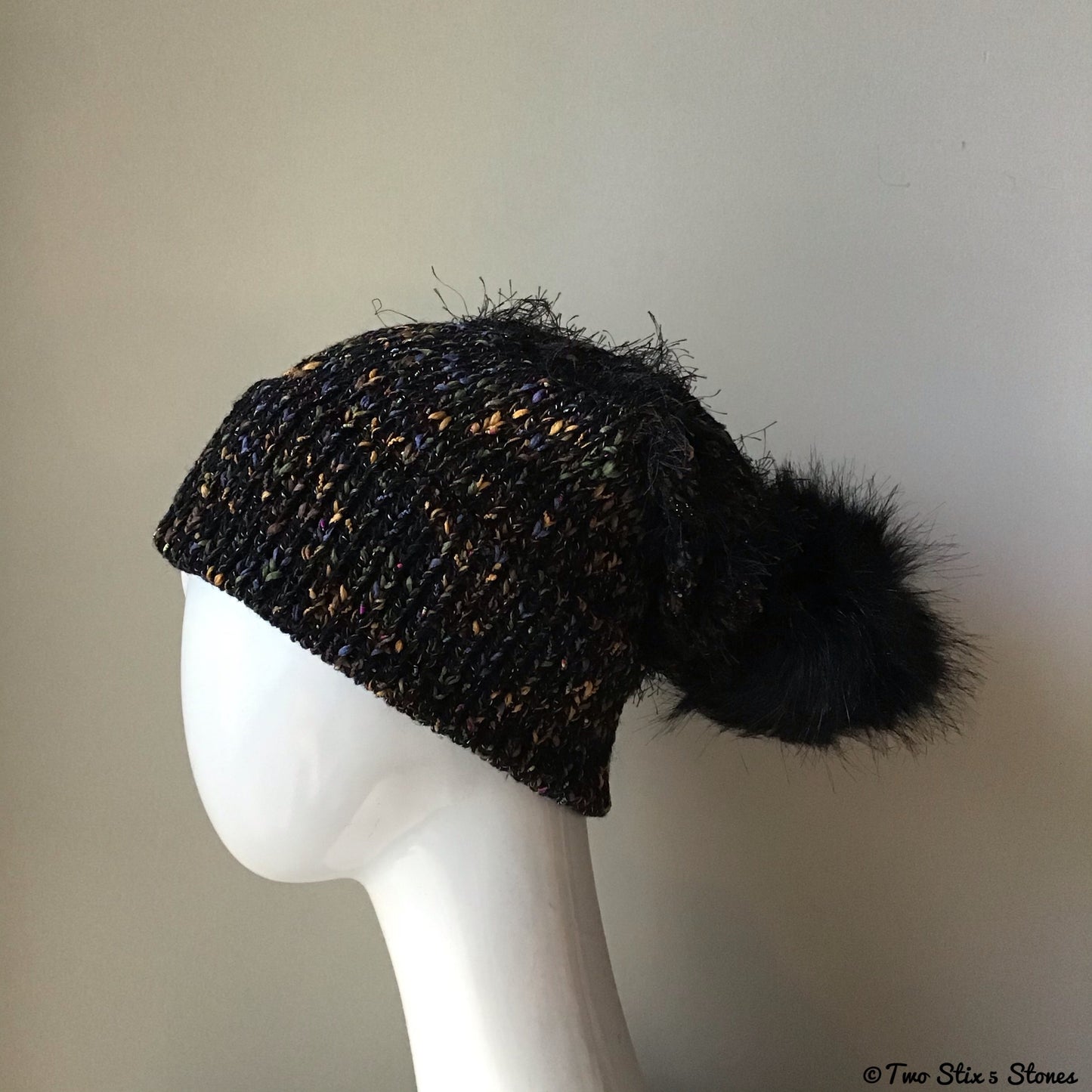 Luxe Black *Funky Tweeds* Beanie/Slouchy Beanie w/Pom Pom