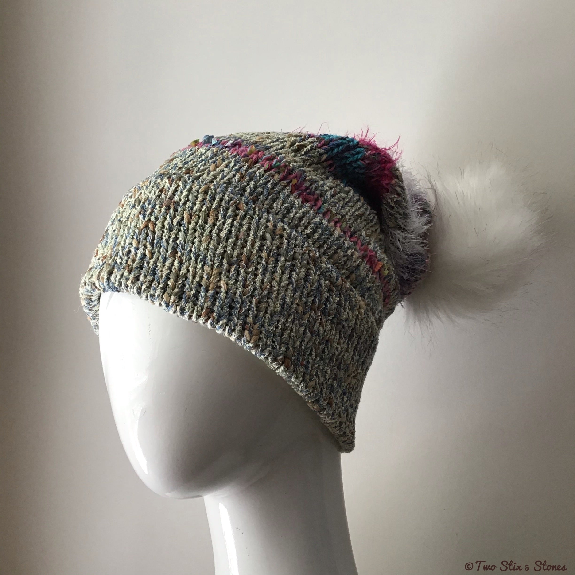 Luxe Green/Blue/Red/White *Funky Tweeds* Faux Fur Knit Beanie/Slouchy Beanie