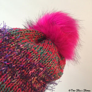 Fuchsia & Green Tweed Knit Pom Pom Hat