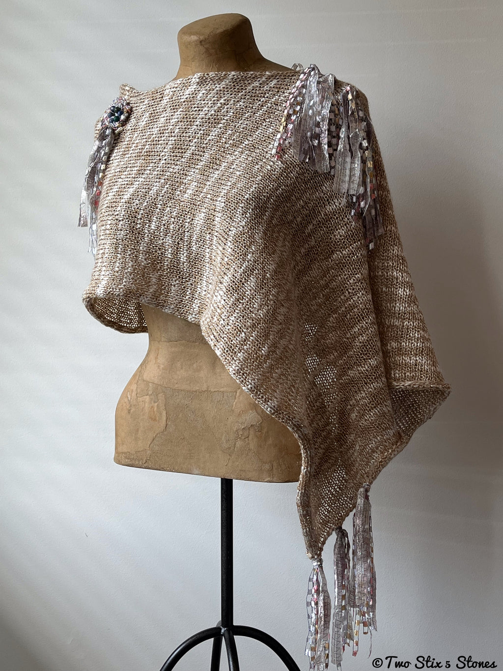 Luxe Oatmeal & Gold Tweed Shawl w/Fringe & Stones
