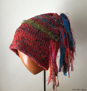 Luxe Red Tweed Slouchy Knit Slouchy Beanie w/Fringe