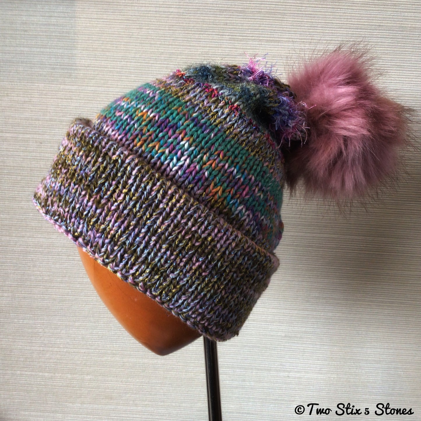 Variegated Beanie/Slouchy Beanie w/Faux Fur Pom Pom