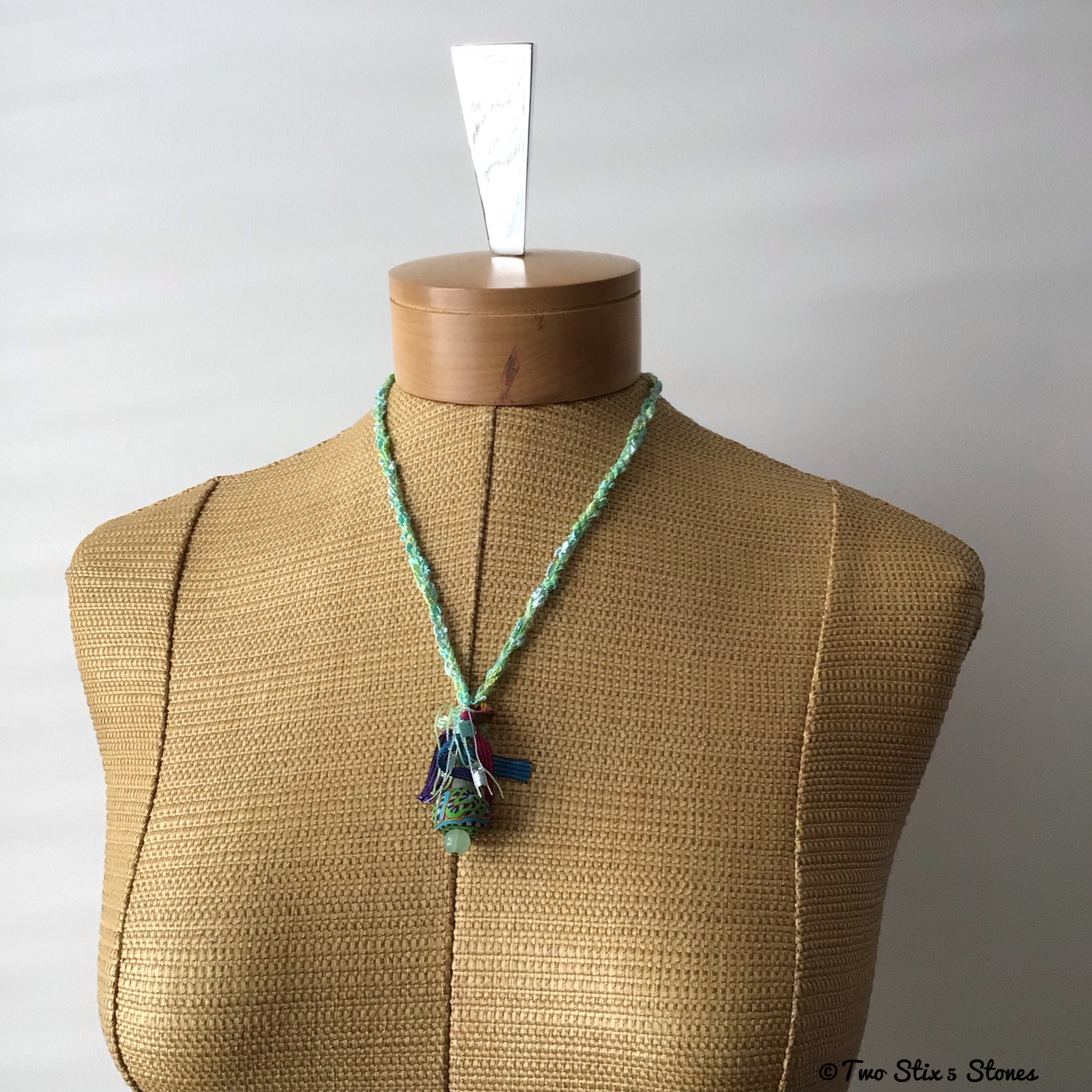 Mint Green Tweed Fiber Necklace w/Semi-Precious Stones & Polymer Clay