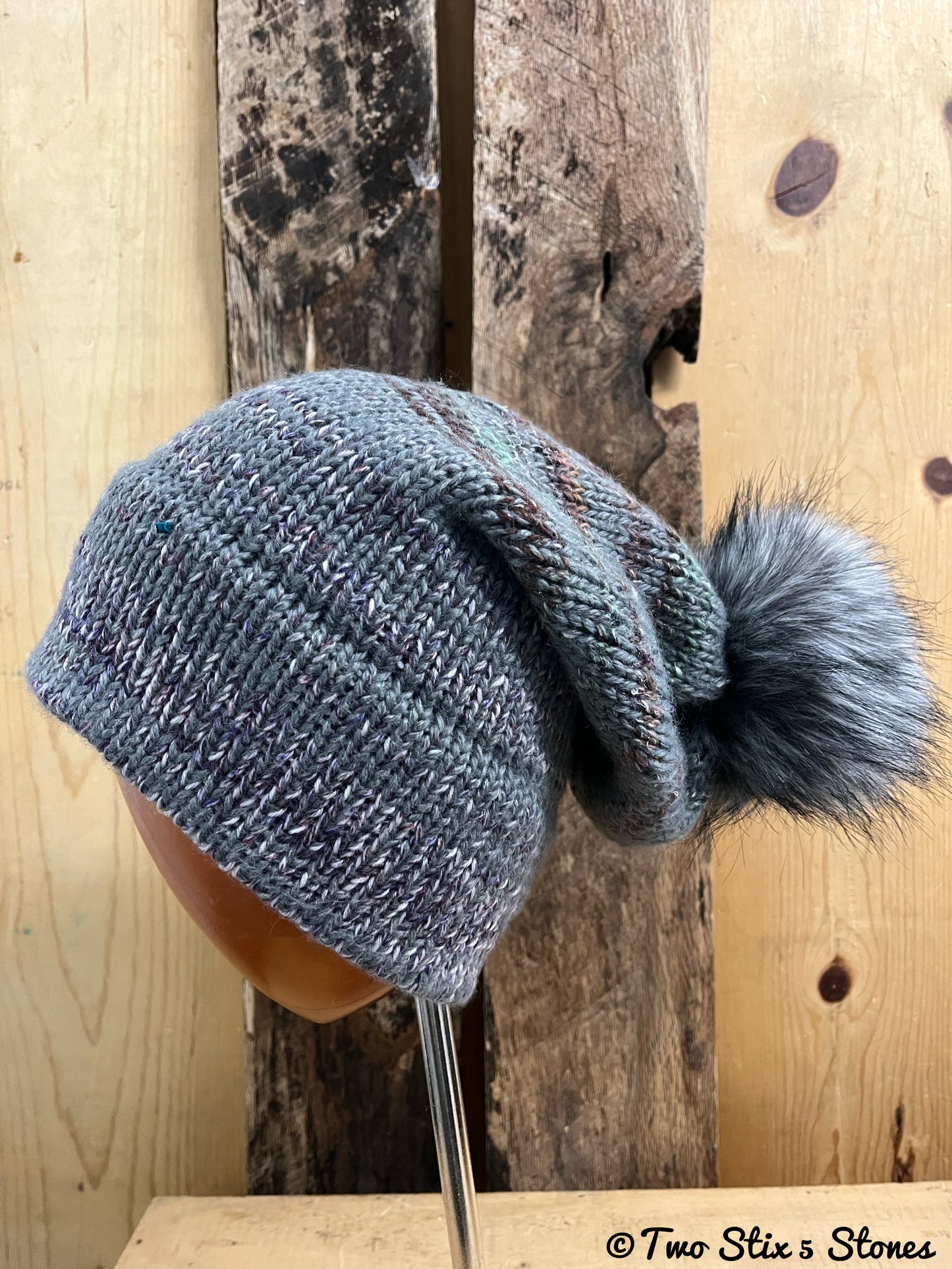 Luxe Grey Tweed Beanie/Slouchy Beanie w/Faux Fur Pom Pom