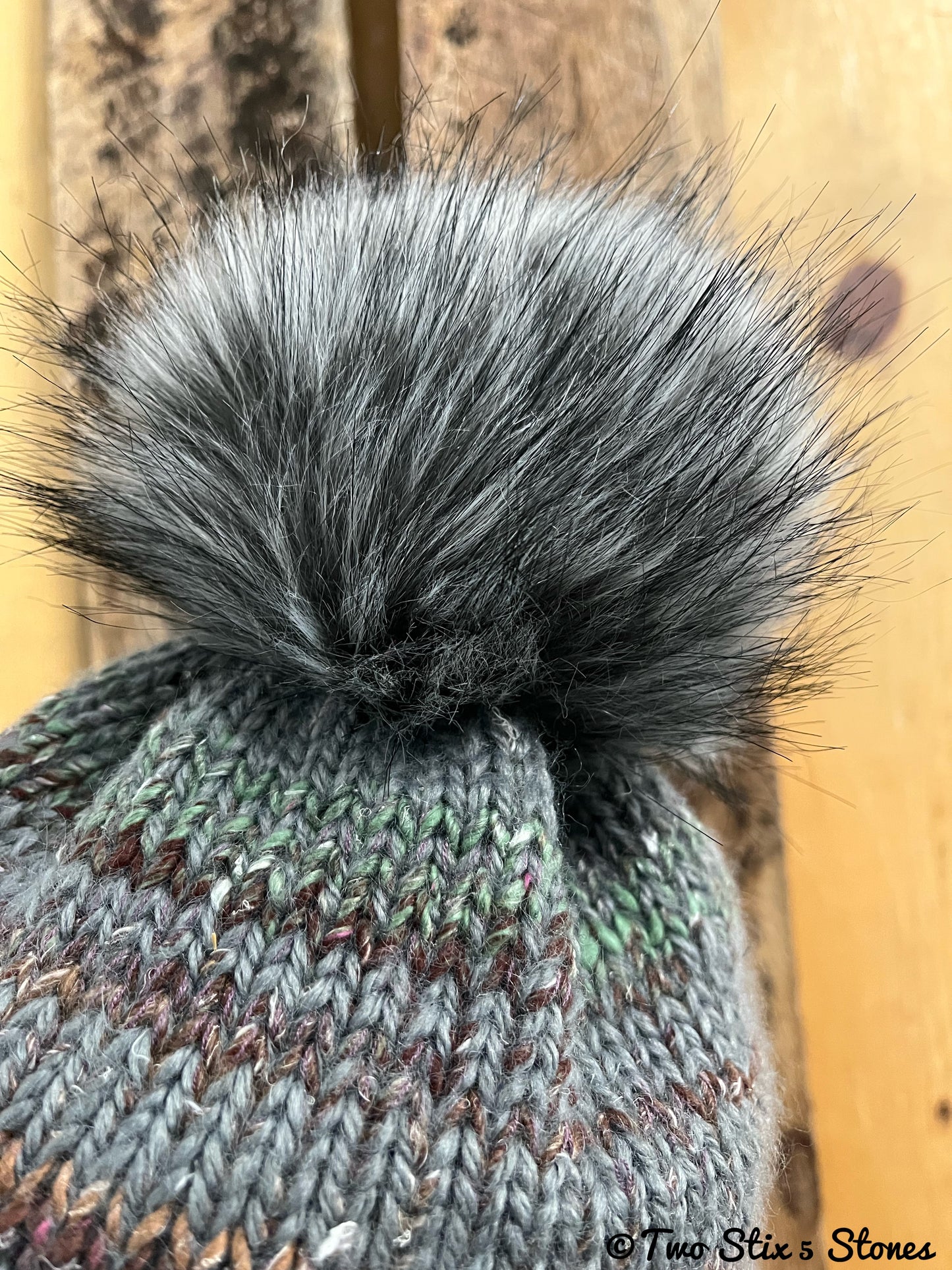 Luxe Grey Tweed Beanie/Slouchy Beanie w/Faux Fur Pom Pom