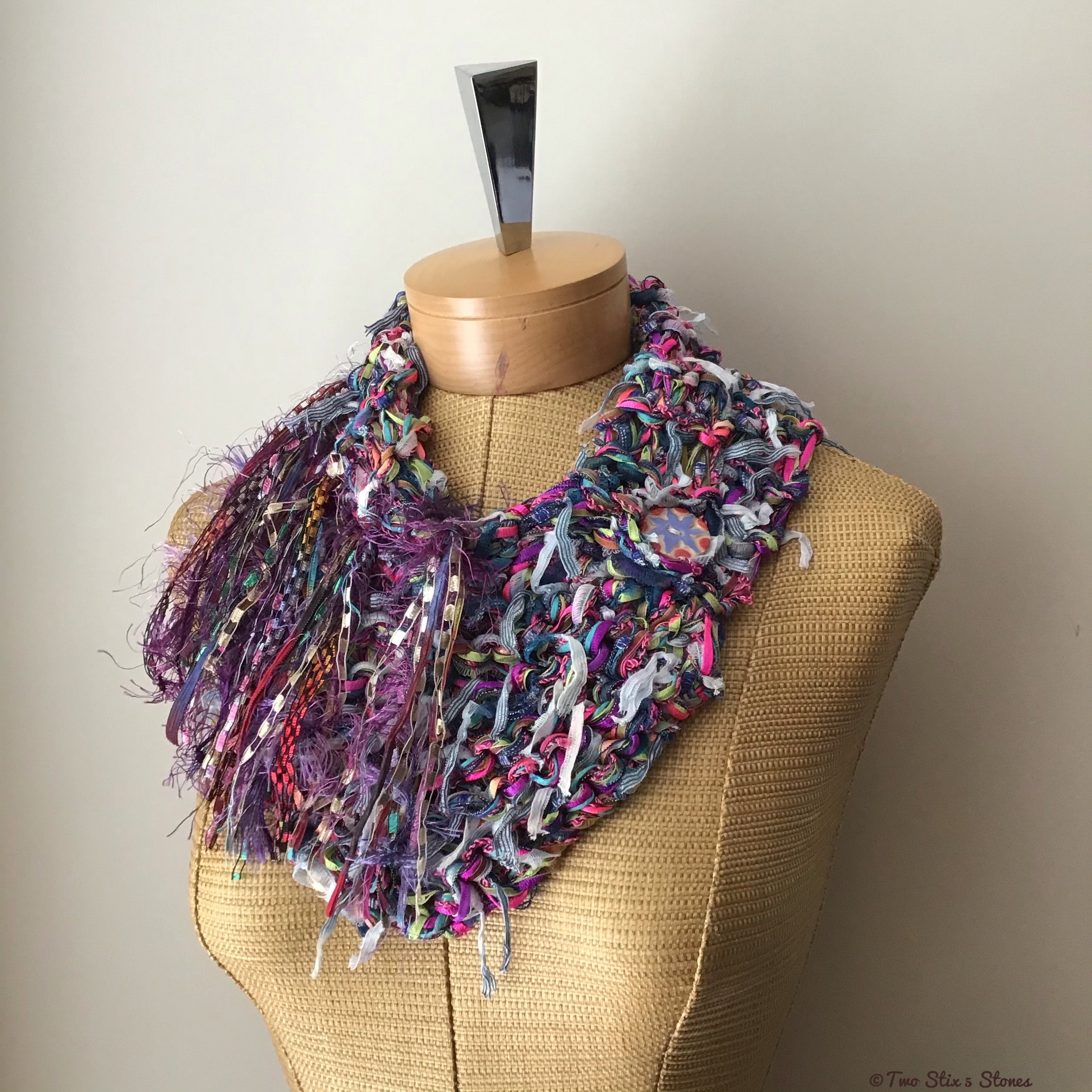 Purple & Pink Tweed Knit Shawlette w/Fringe
