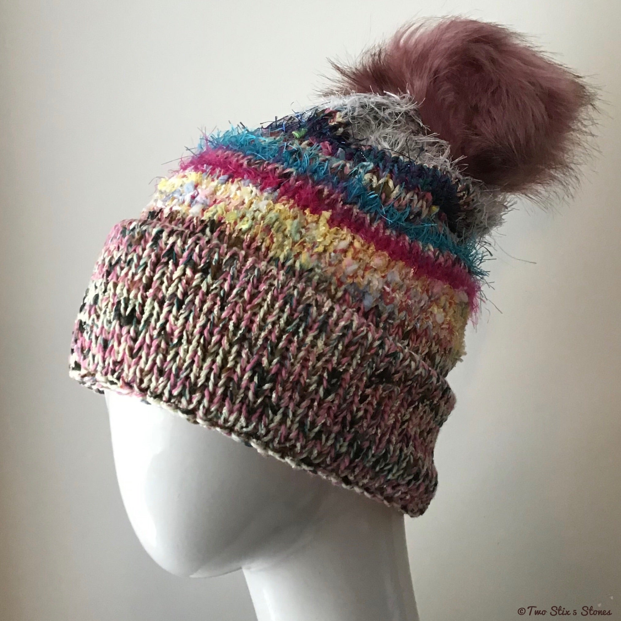 Pink Yellow Blue White Luxe Faux Fur Knitted Beanie/Slouchy Beanie