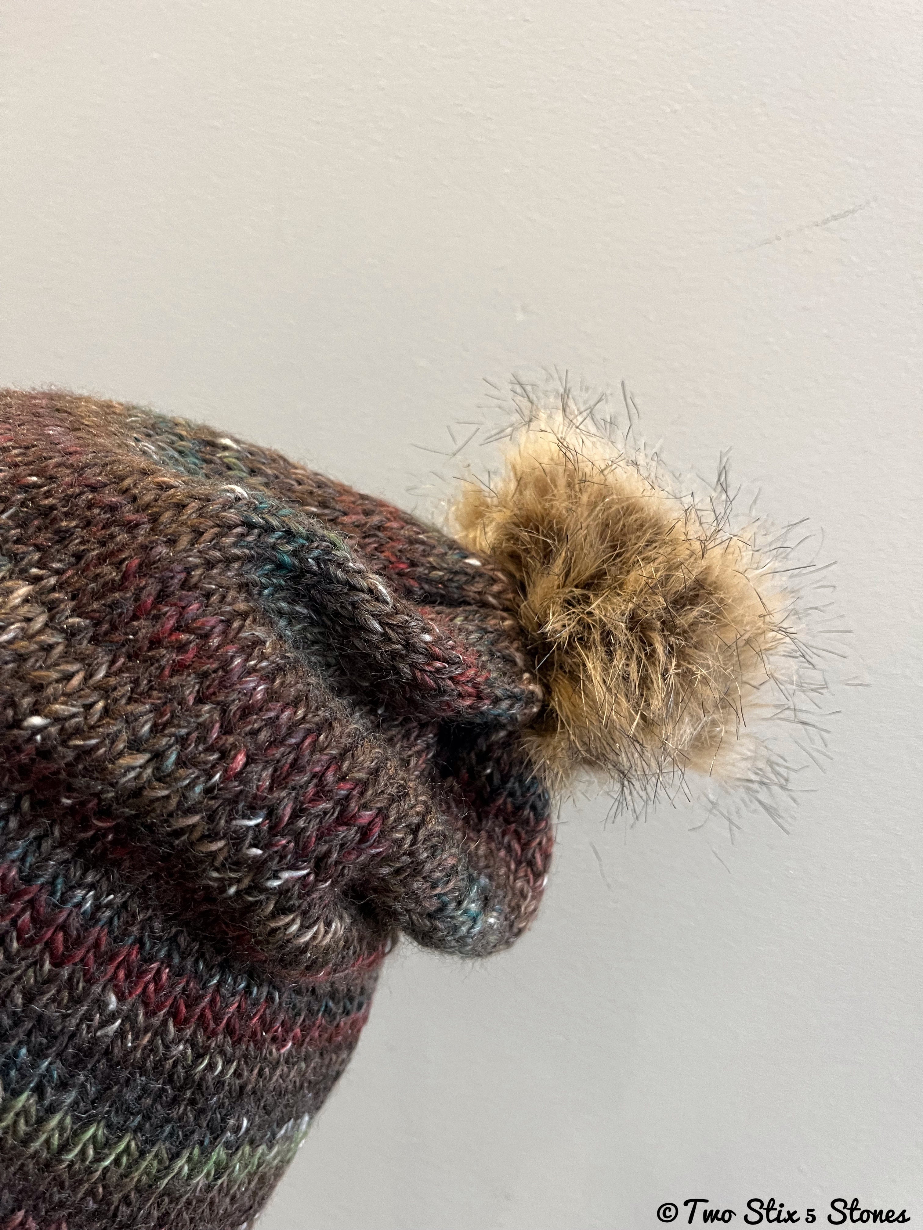 Chocolate Tweed Knit Beanie w/Faux Fur Pom Pom