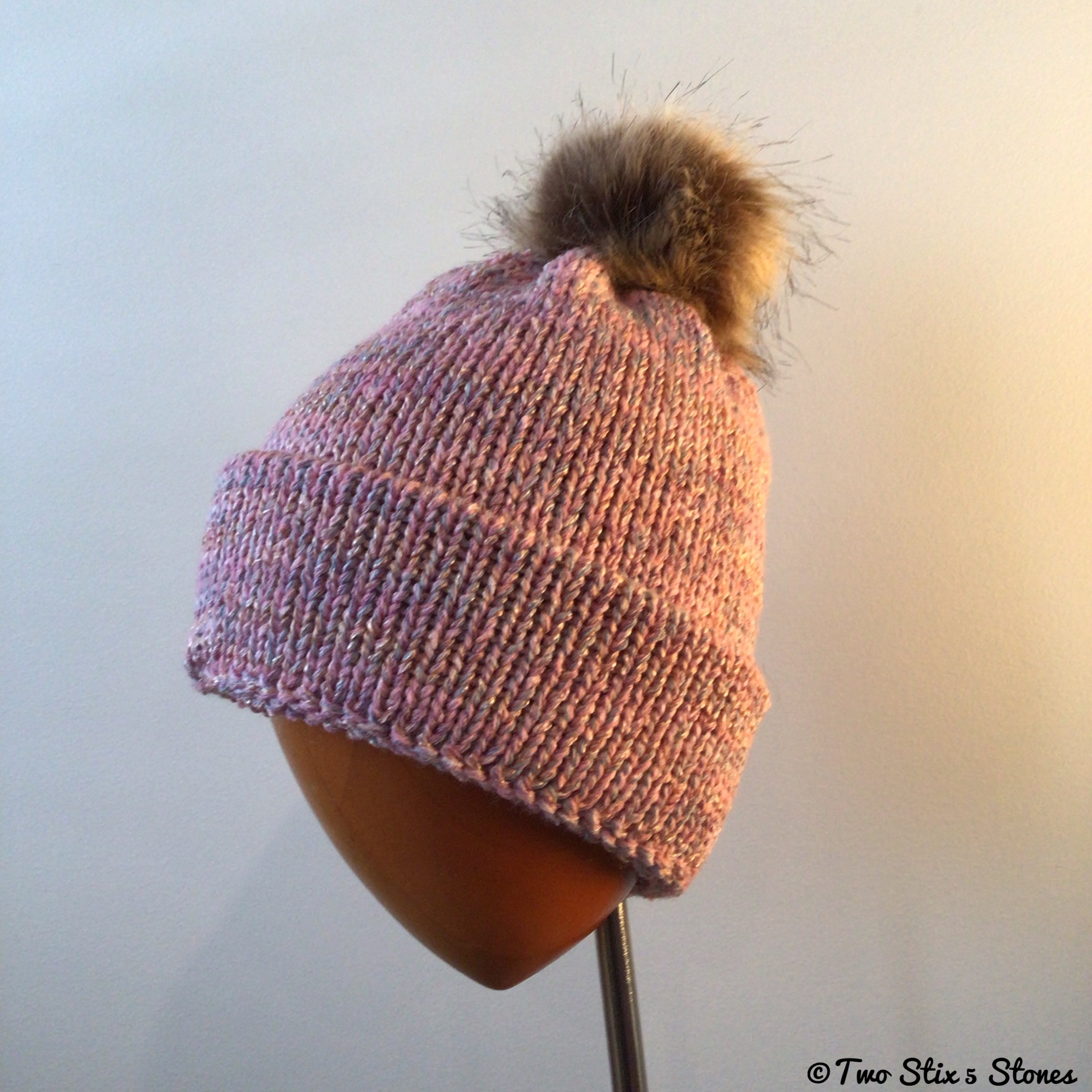Pink Tweed Knit Hat w/Faux Fur Pom Pom