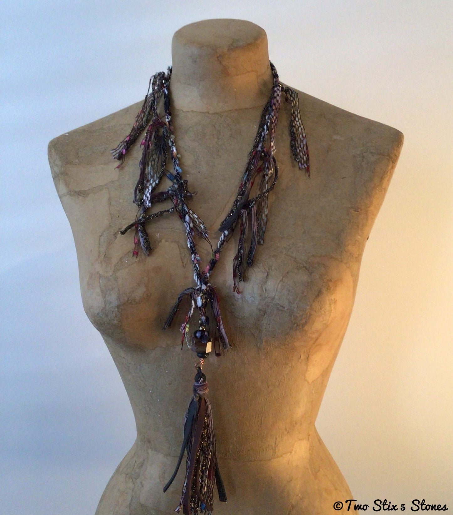 Fiber Necklace w/Semi-Precious Stones & Handmade Glass Bead