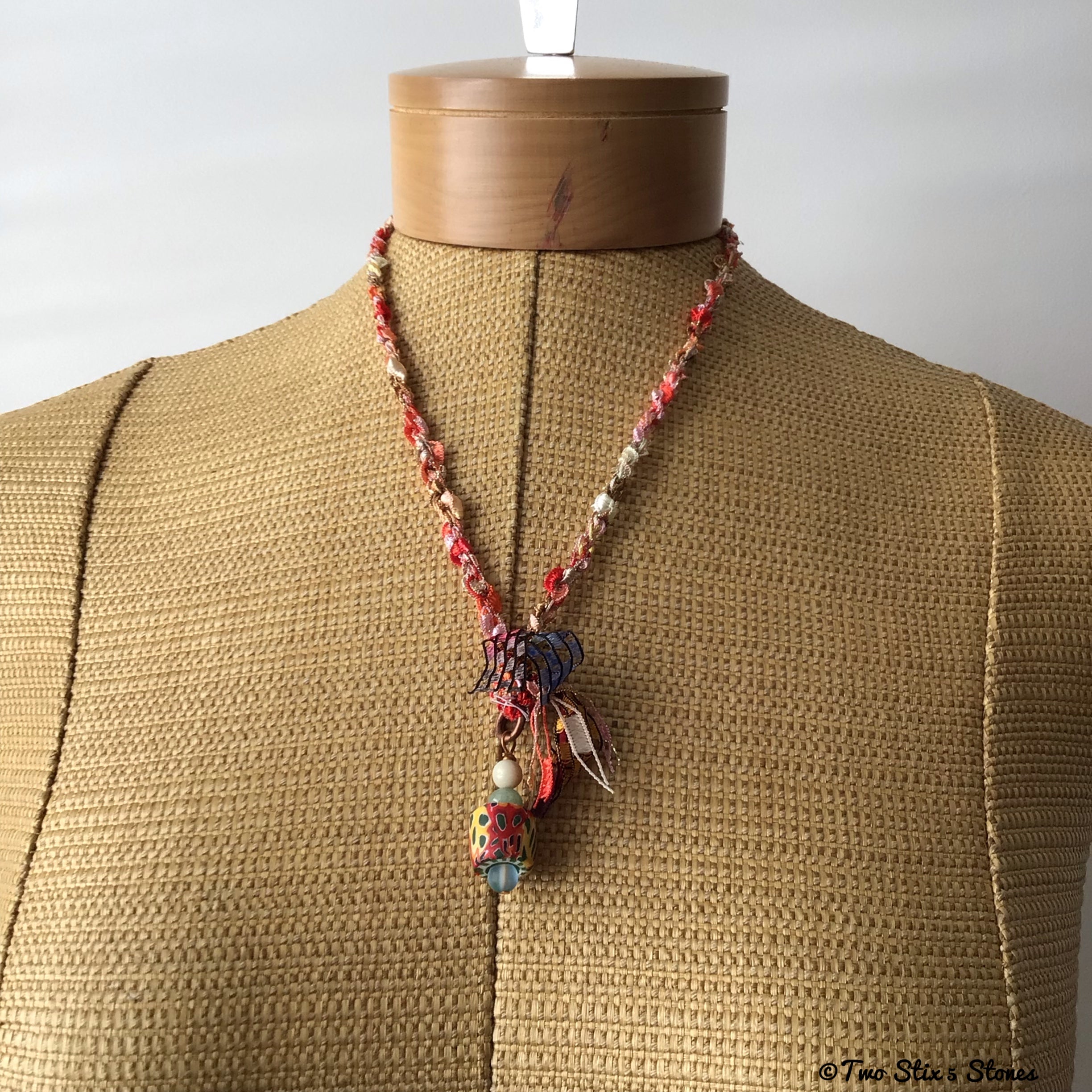 Orange & Red Toned Fiber Necklace w/Semi-Precious Stones & Polymer Clay