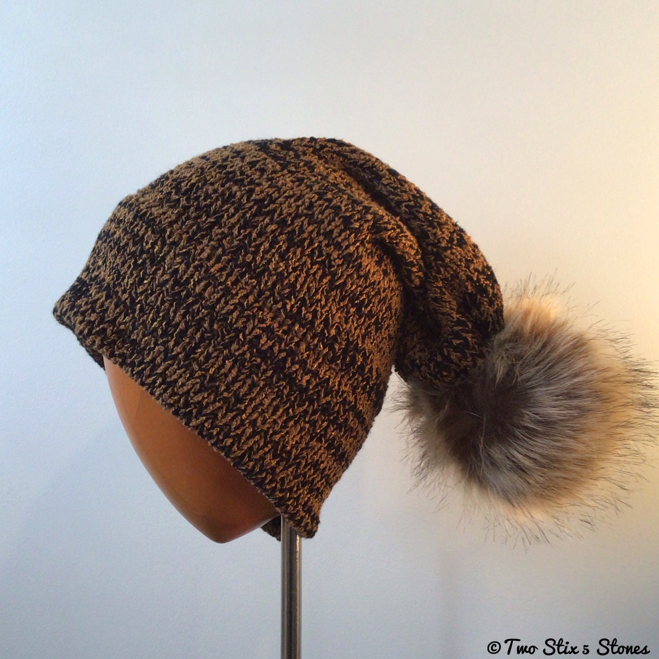 Luxe Copper & Black Faux Fur Pom Pom Hat