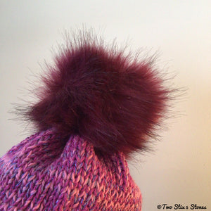 Fuchsia Tweed Knit Beanie/Slouchy Beanie w/Faux Fur Pom Pom