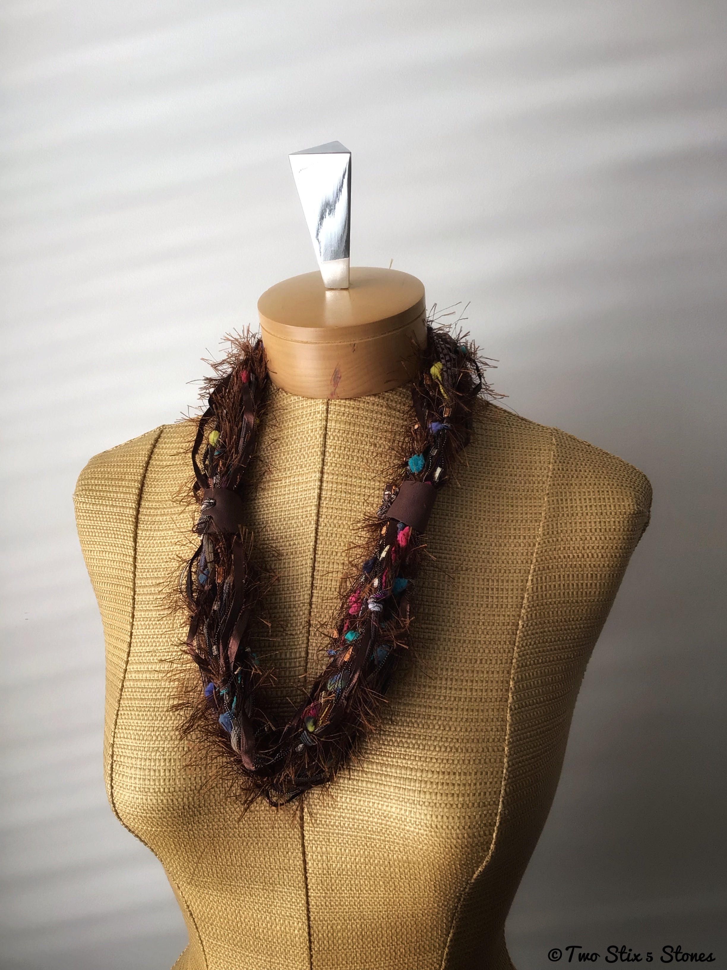 Brown Fiber Necklace w/Band & Leather