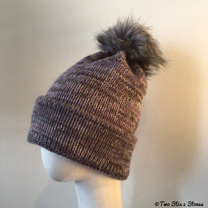 Grey Tweed Knit Beanie/Slouchy Beanie w/Faux Fur Pom Pom