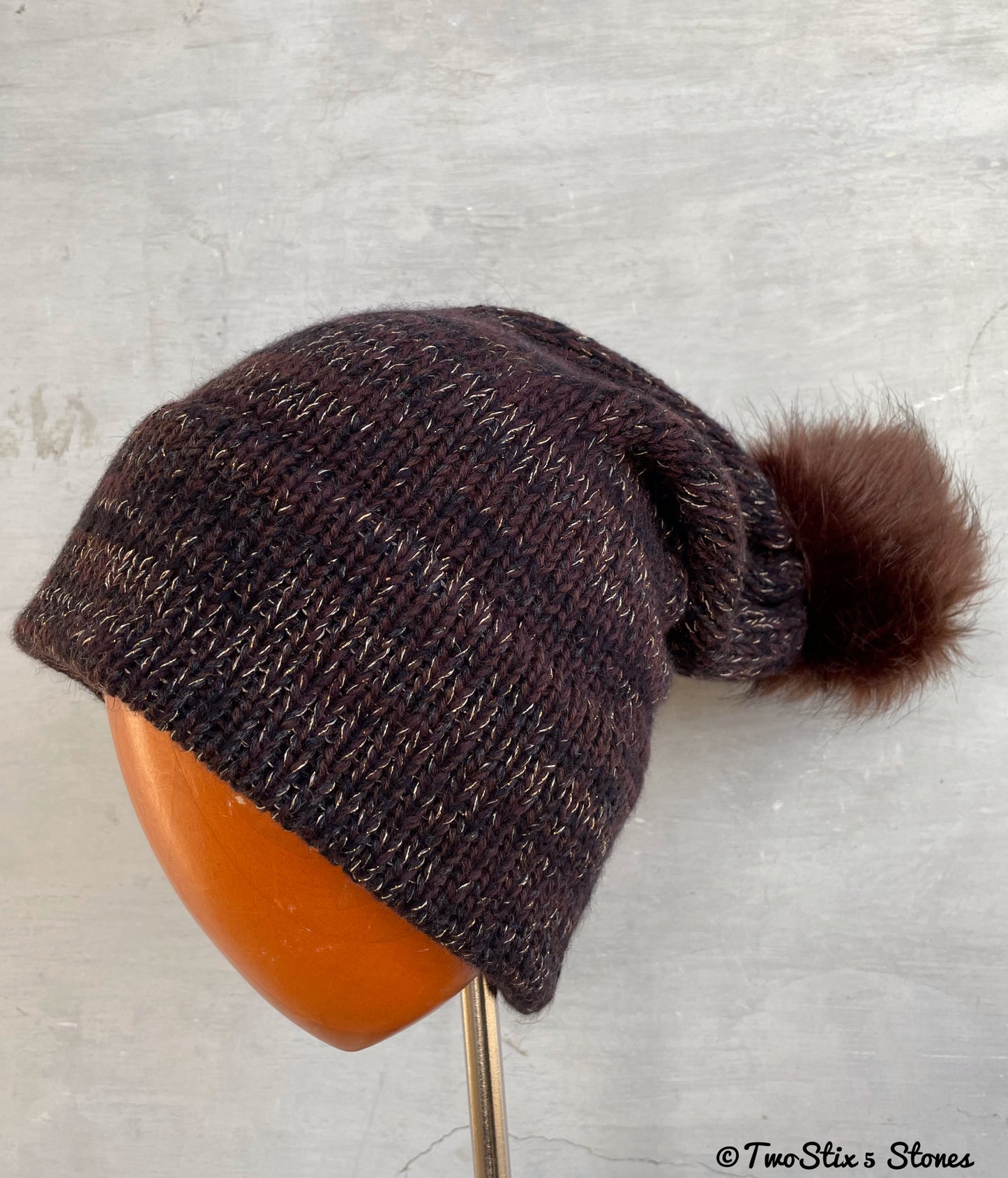 Luxe Chocolate Tweed Beanie/Slouchy Beanie w/Faux Fur Pom Pom
