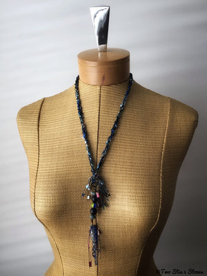Blue Fiber Necklace w/Semi-Precious Stones & Handmade Glass Bead