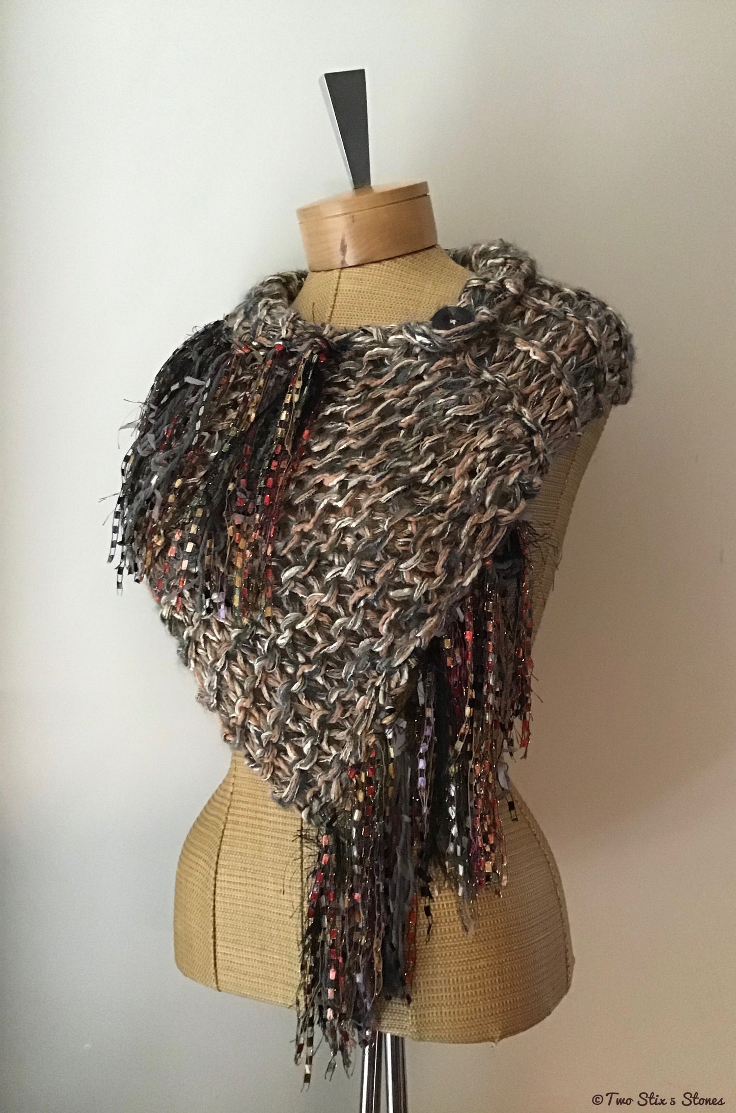 Tan Tweed Knit Shawl w/Fringe