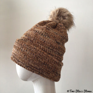 Brown Tweed Knit Beanie/Slouchy Beanie w/Faux Fur Pom Pom