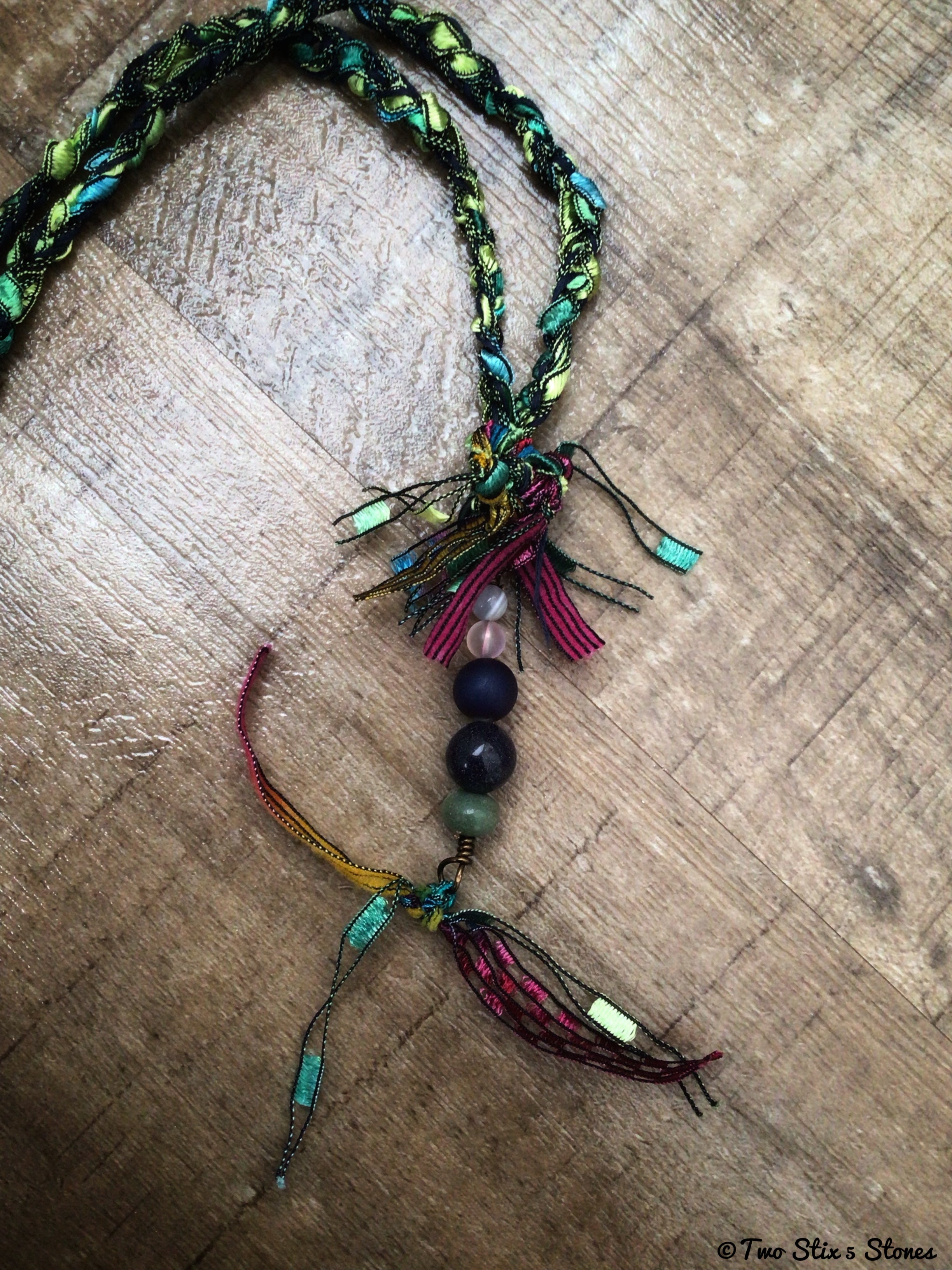 Green Fiber Necklace w/Semi-Precious Stones